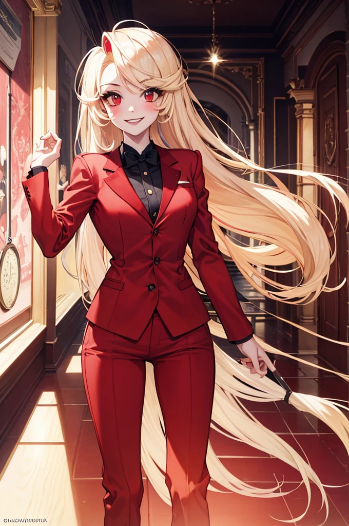 Charlie Morningstar, by the wide, Red suit, Red pants, 1 girl, yellow sclera, by rubio, White skin, perfect anatomy, smiling