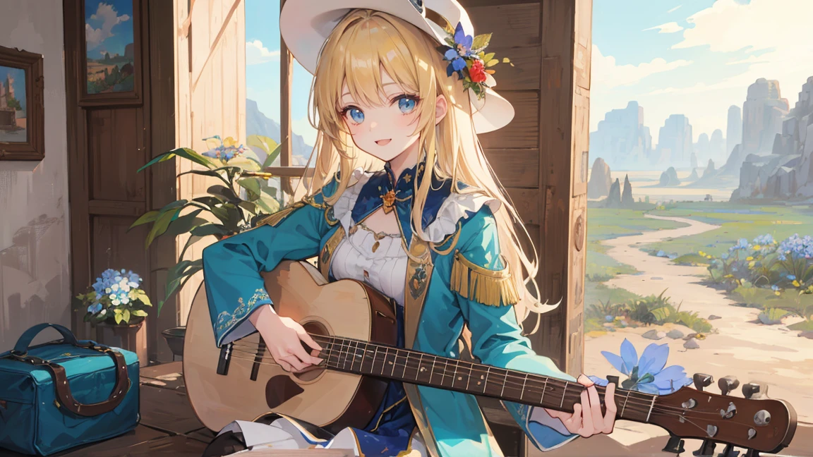 An anime-style illustration of a young woman playing a banjo in a Western setting. She has long, flowing blonde hair adorned with blue flowers and wears intricate, Western-inspired clothing with a blend of fantasy elements. Her attire includes a cowboy hat, fringed jacket, and boots, all in rich blue and gold accents. The woman has a joyful and cheerful expression, smiling brightly as she enjoys playing her banjo. The background features a Western landscape with desert scenery, cacti, and an old saloon. The overall atmosphere is a magical blend of Western and fantasy elements, all in a detailed and vibrant anime art style.