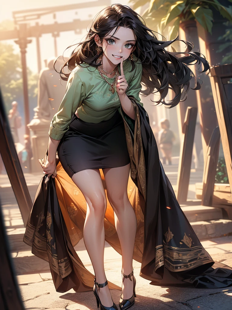 ((Biologically correct limb count)),((Natural finger shape)),((Full Body Shot,Including face)),Standing position,4K,masterpiece,((Focus on the face)),((Symmetrical facial features)),Eye for detailed depiction,Beautiful woman,Excellent style,Beautiful feet,(Small Ass,Thin thighs),(Patterned black stockings,High heels),Detailed depiction of the face,Small earrings,necklace,Low angle photo,((light green shirt,skirt,panty shot)),Park scenery on a holiday morning,Strong sunlight,(((Lean your body backwards))),(Face the camera),profile,,(Grin)