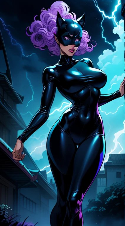 illustration, 4K UHD illustration, upscaled professional drawing HDR, from DC comics in dynamic pose, full body image (:1.8) stunningly beautiful woman, intense blue eyes, eyebrows tanned skin tone, detailed catwoman mask, gloss black form fitting full length bodysuit, full lips, lips parted looking-into-camera, glowing lightning in background, swirling smoke eminating from fingertips, abandoned dojo background, detailed night time, thunderstorm atmosphere, glowing blue eyes emitting eeire spectral glow, purple lightning thunderstorm in background, 300dpi, masterpiece style, painting style, stroke style in a dark background,watercolor, charcoal, pen & Ink, tshirt design style, aesthetic for Tshirt design, darktone