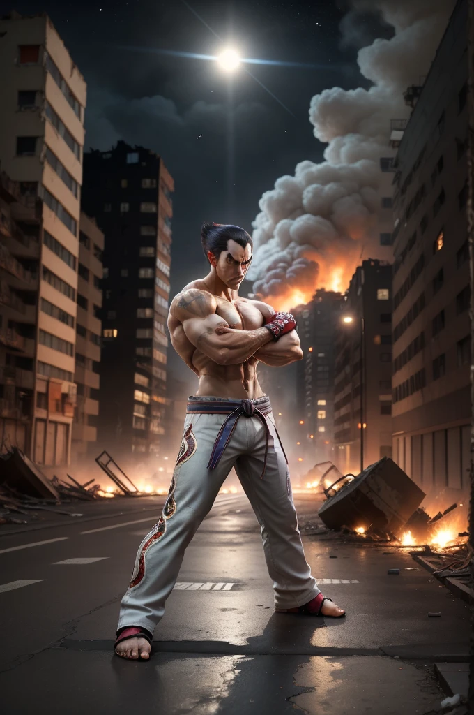 Kazuya is in a fighting stance, with his fists clenched and his arms slightly flexed. He is looking straight ahead with an intense expression. The background is a destroyed cityscape at night, with buildings in ruins and smoke all around.