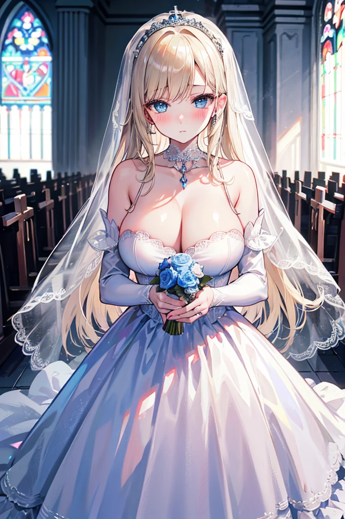 A woman with big ，Beautiful bride，Light blond long hair，Blue Eyes，clavicle，Gothic style，(Transparent wedding dress)，weak，Sexy，Color，lactation，(blush)，Bright Light，In the church，blue Rose，