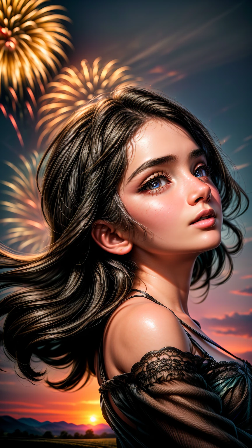 a young girl sitting and looking up at fireworks, beautiful rural landscape, low angle shot, detailed face, beautiful detailed eyes, beautiful detailed lips, extremely detailed face, long eyelashes, elegant pose, stunning sunset sky, glowing fireworks, cinematic lighting, vibrant colors, photorealistic, 8k, best quality, highly detailed, masterpiece