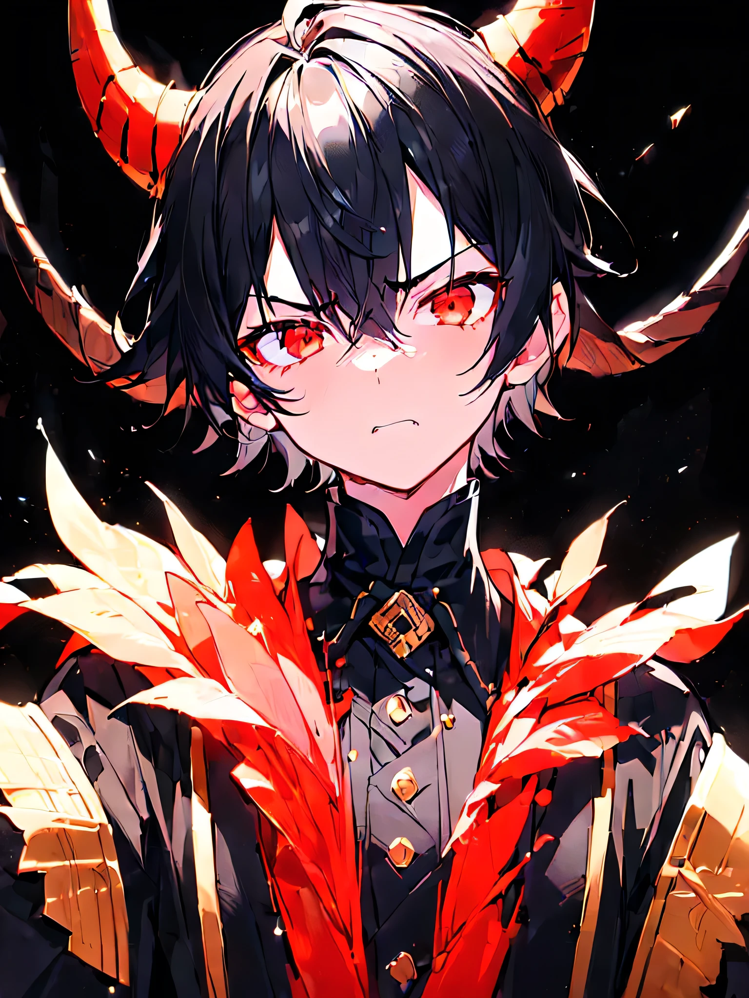 ((BLACK BACKGROUND:1.5)), masterpiece, best quality, ultra detailed, exquisite, beautiful, highres, abyss, ((1 boy)), shota, oni, ((Angry)), looking at viewer, men's short hair, hair covering eyes, black hair, red eyes, japanese clothes, with a scar, with horns, 13-year-old, outside, upper body, ((headshot))