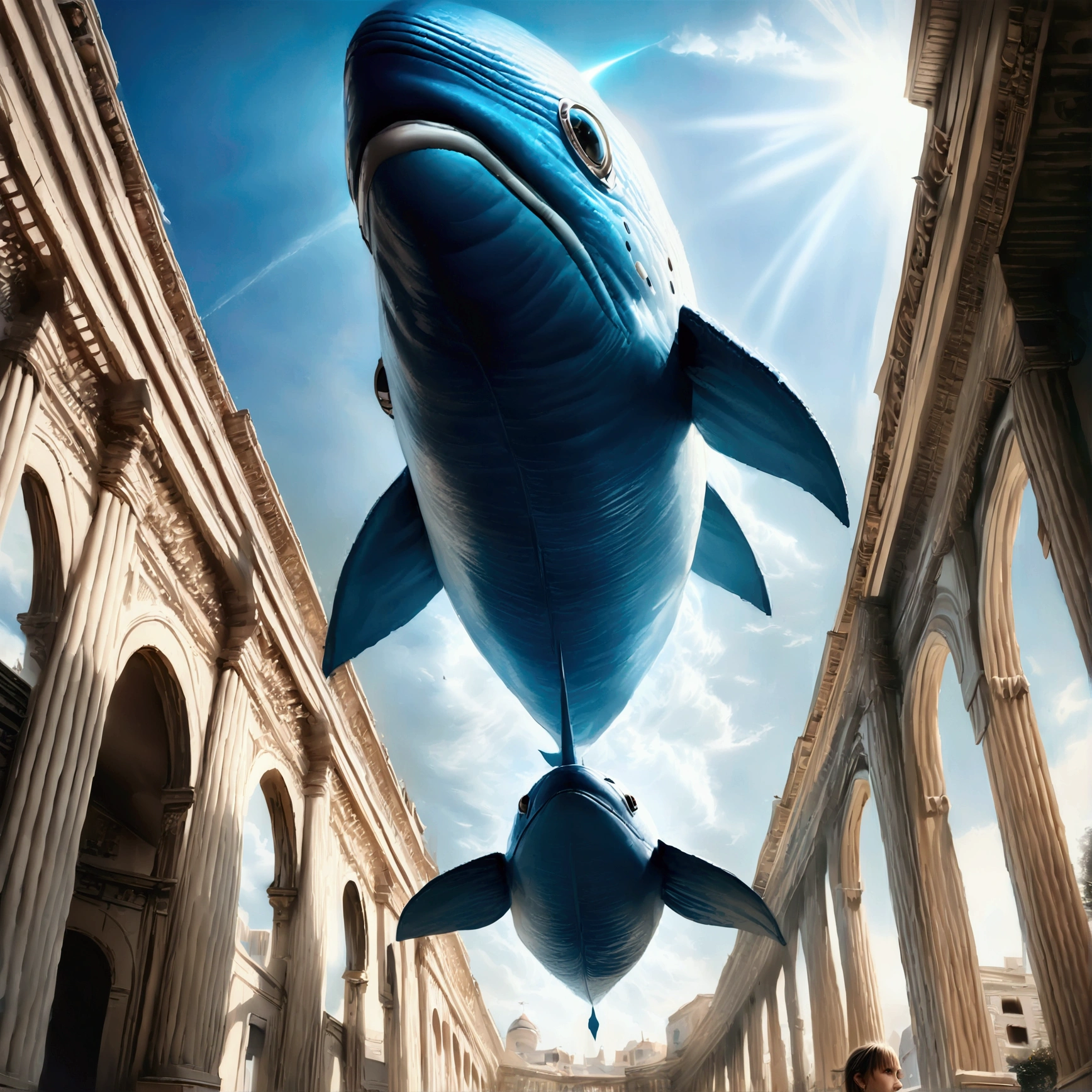 Flying Whale, mechanical whale, (glowing Whale:1.4), blue sky, from below, low angle shot, realistic, hyper-realistic, photorealistic, (best quality,4k,8k,highres,masterpiece:1.2),ultra-detailed,(realistic,photorealistic,photo-realistic:1.37),vivid colors,dramatic lighting,