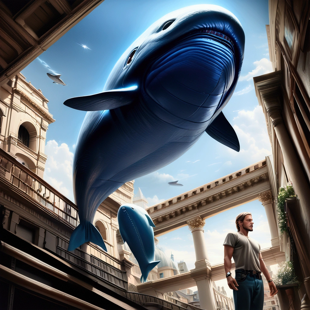 Flying Whale, mechanical whale, (glowing Whale:1.4), blue sky, from below, low angle shot, realistic, hyper-realistic, photorealistic, (best quality,4k,8k,highres,masterpiece:1.2),ultra-detailed,(realistic,photorealistic,photo-realistic:1.37),vivid colors,dramatic lighting,