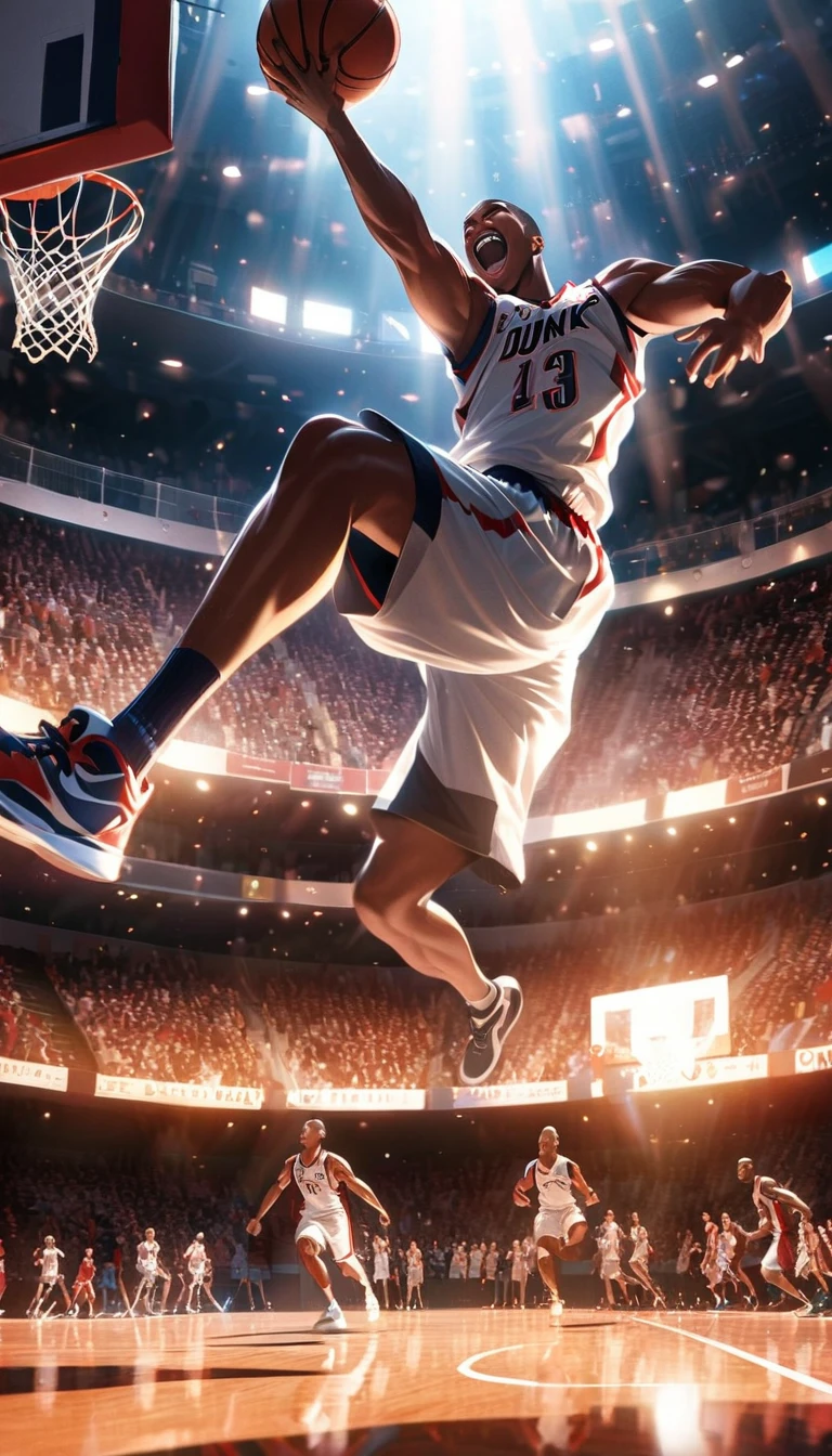 Low angle shot:1.7, a powerful, winning dunk performed by a professional basketball player, air, with intense facial expression, basketball court background, dramatic lighting, sequence of images of something or someone in motion, muscular figure, sports uniform, dynamic movement, reflection on the court floor, cheering crowd