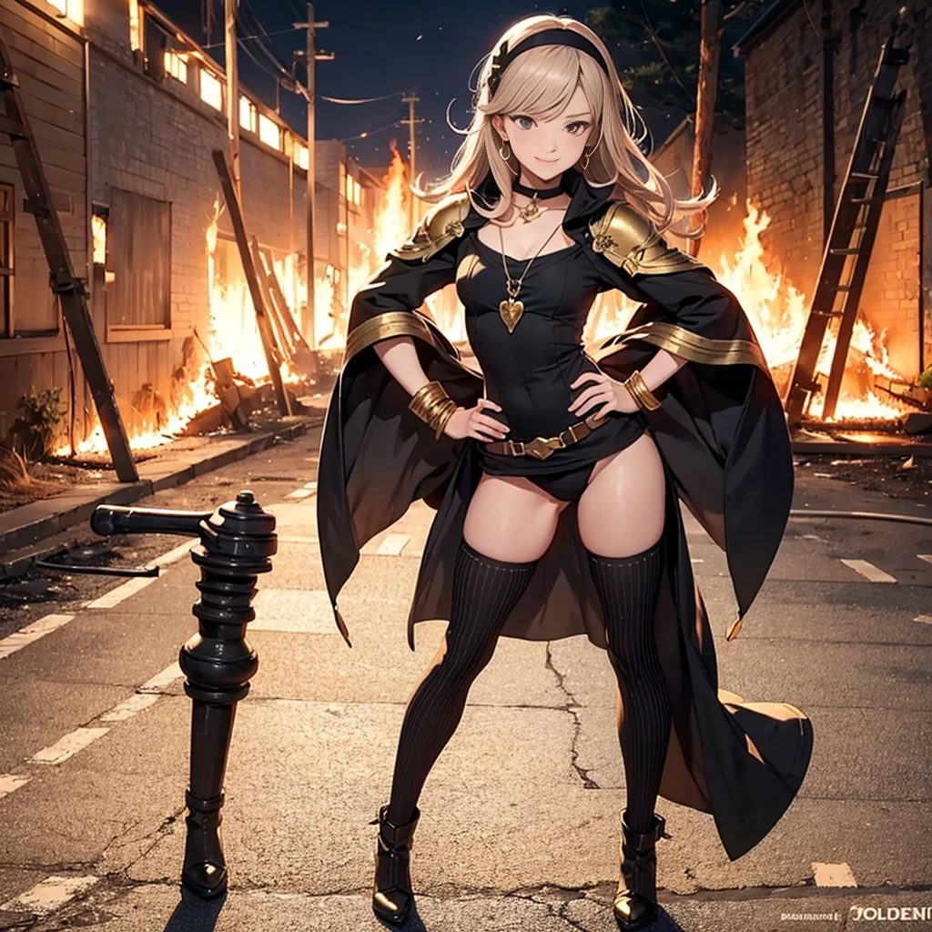 (Forrest (Fire Emblem Fates) LoRA) 1 solo female full body standing straight symmetrical, looking at viewer, hands on hips, striped tights, golden bracelets, black choker with a golden heart pendant, hands on hips, confident smile, blushed cheeks