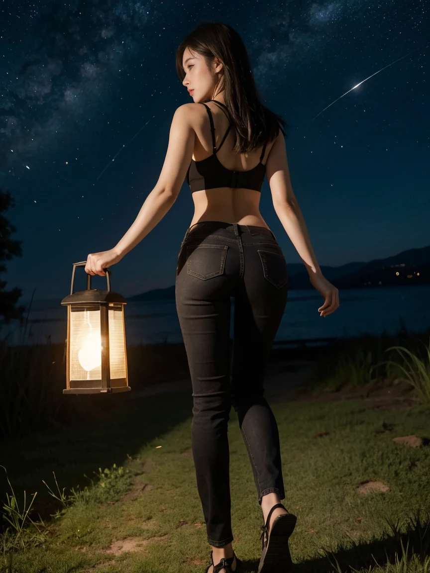 a girl, (holding a lantern), walking in the field, dark sky, fireflies all around. She is wearing a black bra, a thin jacket loosely untied, tight pants, has a beautiful figure, beautiful breasts, beautiful buttocks, beautiful long legs, (full body shot), artistic composition, (back view), looking at the viewer, starry night sky, natural light.