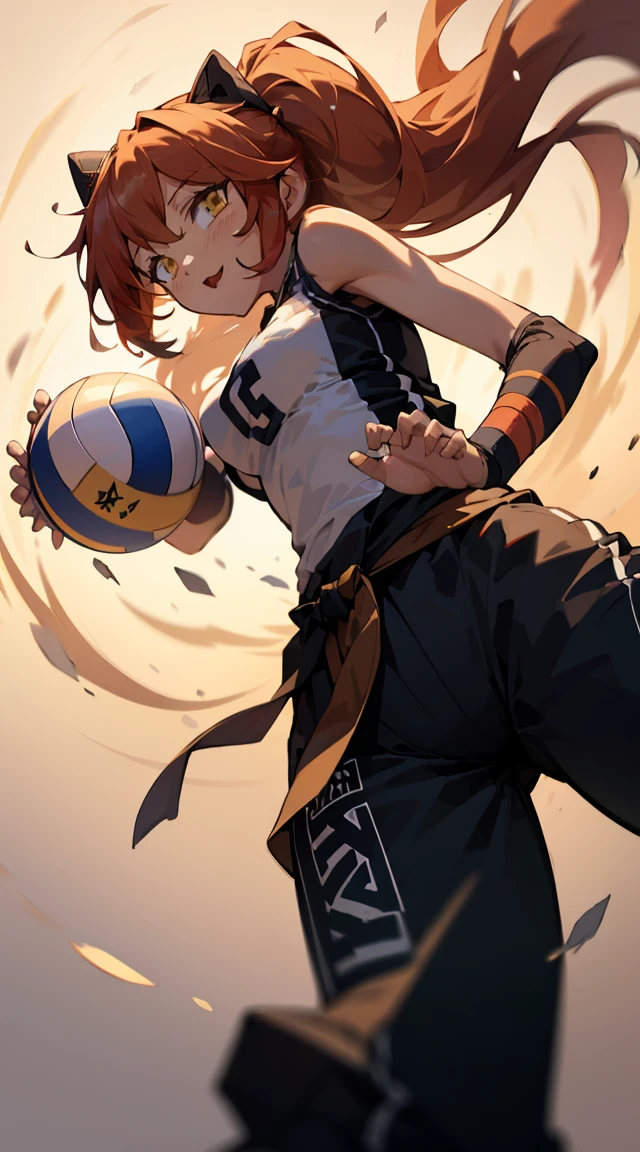 unity 8k wallpaper, anatomically correct, (((masterpiece))), (((best quality))), (((ultra detailed))), (((high-resolution))), ((super fine illustration)), detailed beautiful face, 1 girl,  ponytail, shiny hair, ((super cute)), (long hair:1.3), break,(holding a Beautiful spherical shape 6-inch volleyball with both hands:1.3), break, (sleeveless sportswear), (wrist band), dynamic angle, (head to thigh view:1.3), looking at viewers, lighting, standing still, hair moving with wind , long pants 