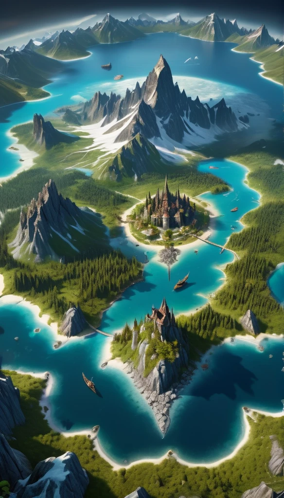 a highly detailed medieval world map on old, vintage paper, with buildings and creatures popping out in 3D from the flat map, revealing the detailed 3D map of the Imperium Archipelago, a vast ocean with 6 main islands in a circular shape, each island with distinct geographic features and cultures, lush forests and mountains on Ilha de Serenitas, towering rocky mountains and glaciers on Ironpeak Island, dark forests and fetid swamps on Grimhold Island, rugged mountain ranges and volcanic peaks on Dragonsreach Island, snow-capped peaks and ancient forests on Ilha de Gianthold, vast plains and temperate forests on Ilha de Sanctum, (best quality,4k,8k,highres,masterpiece:1.2),ultra-detailed,(realistic,photorealistic,photo-realistic:1.37),HDR,UHD,studio lighting,ultra-fine painting,sharp focus,physically-based rendering,extreme detail description,professional,vivid colors,bokeh,cinematic,dramatic lighting