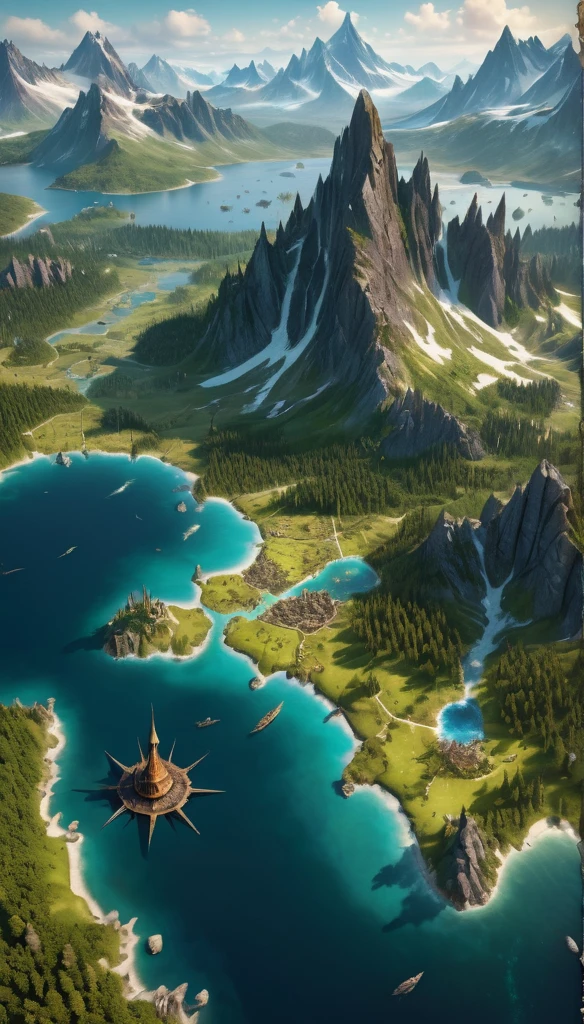 a highly detailed medieval world map on old, vintage paper, with buildings and creatures popping out in 3D from the flat map, revealing the detailed 3D map of the Imperium Archipelago, a vast ocean with 6 main islands in a circular shape, each island with distinct geographic features and cultures, lush forests and mountains on Ilha de Serenitas, towering rocky mountains and glaciers on Ironpeak Island, dark forests and fetid swamps on Grimhold Island, rugged mountain ranges and volcanic peaks on Dragonsreach Island, snow-capped peaks and ancient forests on Ilha de Gianthold, vast plains and temperate forests on Ilha de Sanctum, (best quality,4k,8k,highres,masterpiece:1.2),ultra-detailed,(realistic,photorealistic,photo-realistic:1.37),HDR,UHD,studio lighting,ultra-fine painting,sharp focus,physically-based rendering,extreme detail description,professional,vivid colors,bokeh,cinematic,dramatic lighting