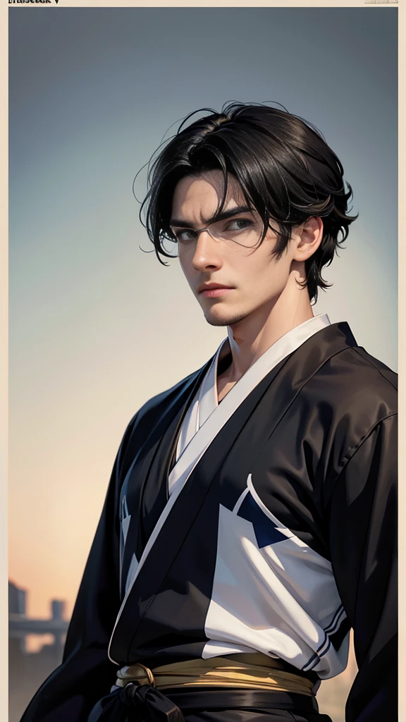 Portrait of a male hyperrealist by David Hockney and Alphonse Mucha、Fantasy art、Photorealistic、Dynamic Lighting、Art Station、Poster、Volumetric lighting、Highly detailed face、Award-winning、dark、Deep Shadow、Low Key、Cowboy Shot、(Formula Services:1.4)、kimono、hakama、kimono、Samurai、Muscular、Messy black hair, white background, One young man、