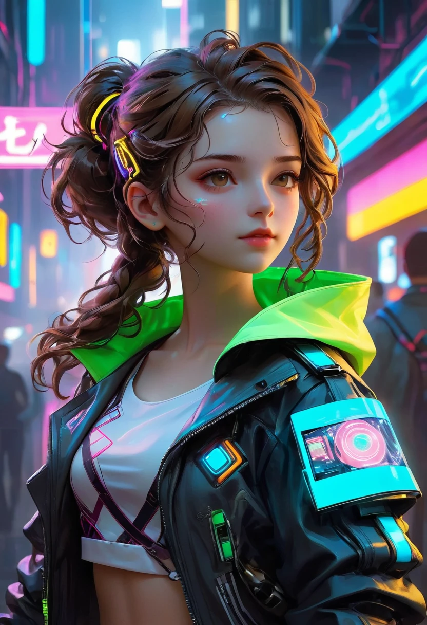A fictitious female character with wavy brown hair, typically tied back, and brown eyes. She is usually seen in a school uniform but for this image, she is envisioned in a cyberpunk-inspired outfit. This attire consists of neon colors, futuristic, tech-infused clothing with a dystopian touch, including a metallic, holographic jacket, and technologically advanced accessories. As an essential part of her persona, she is holding a futuristic looking device in her hand that serves as her magical wand in this cyberpunk reality.