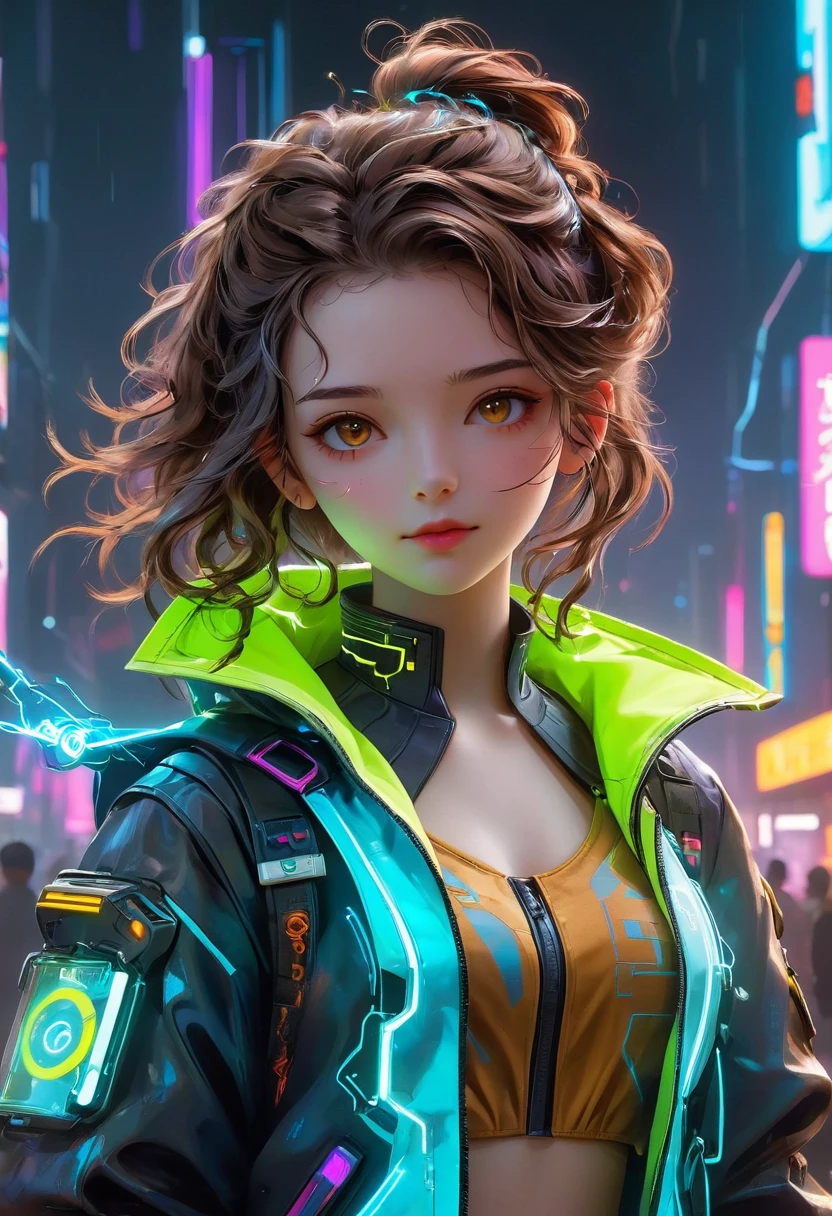 A fictitious female character with wavy brown hair, typically tied back, and brown eyes. She is usually seen in a school uniform but for this image, she is envisioned in a cyberpunk-inspired outfit. This attire consists of neon colors, futuristic, tech-infused clothing with a dystopian touch, including a metallic, holographic jacket, and technologically advanced accessories. As an essential part of her persona, she is holding a futuristic looking device in her hand that serves as her magical wand in this cyberpunk reality.