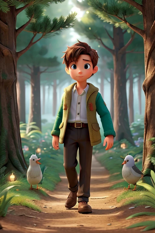 keep the character but do it as a full body in a forest enchanted with sparkles and birds and with another random boy character as your friend