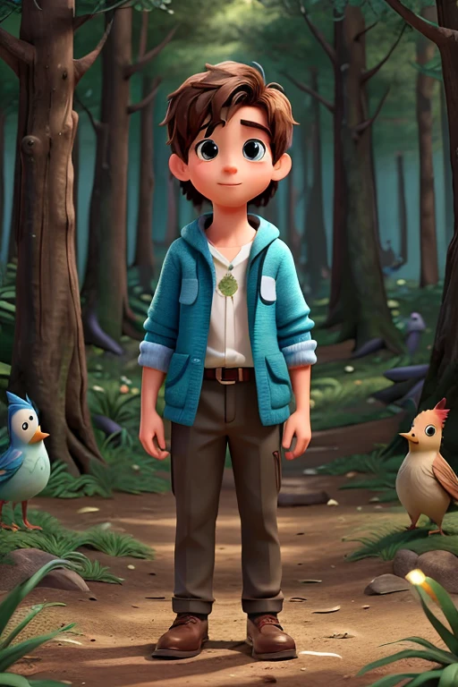 keep the character but do it as a full body in a forest enchanted with sparkles and birds and with another random boy character as your friend