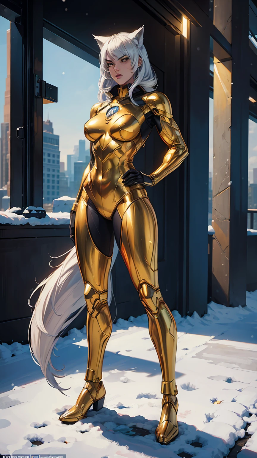 ((Full body photo, standing, feet on the floor)) Superhero female, half wolf, half cyborg, intimidating, full body shot, wearing golden suit, in the snow, manhattan 