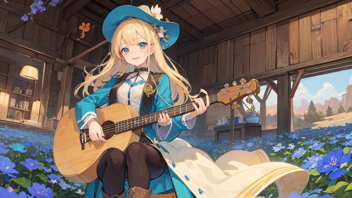 An anime-style illustration of a young woman playing a banjo in a Western setting. She has long, flowing blonde hair adorned with blue flowers and wears intricate, Western-inspired clothing with a blend of fantasy elements. Her attire includes a cowboy hat, fringed jacket, and boots, all in rich blue and gold accents. The woman has a joyful and cheerful expression, smiling brightly as she enjoys playing her banjo. The background features a Western landscape with desert scenery, cacti, and an old saloon. The overall atmosphere is a magical blend of Western and fantasy elements, all in a detailed and vibrant anime art style.