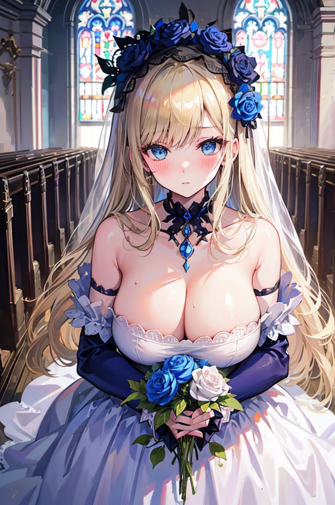 A woman with big ，Beautiful bride，Light blond long hair，Blue Eyes，clavicle，Gothic wedding dress，weak，Sexy，Color，lactation，(blush:1.2)，In the church，blue Rose，