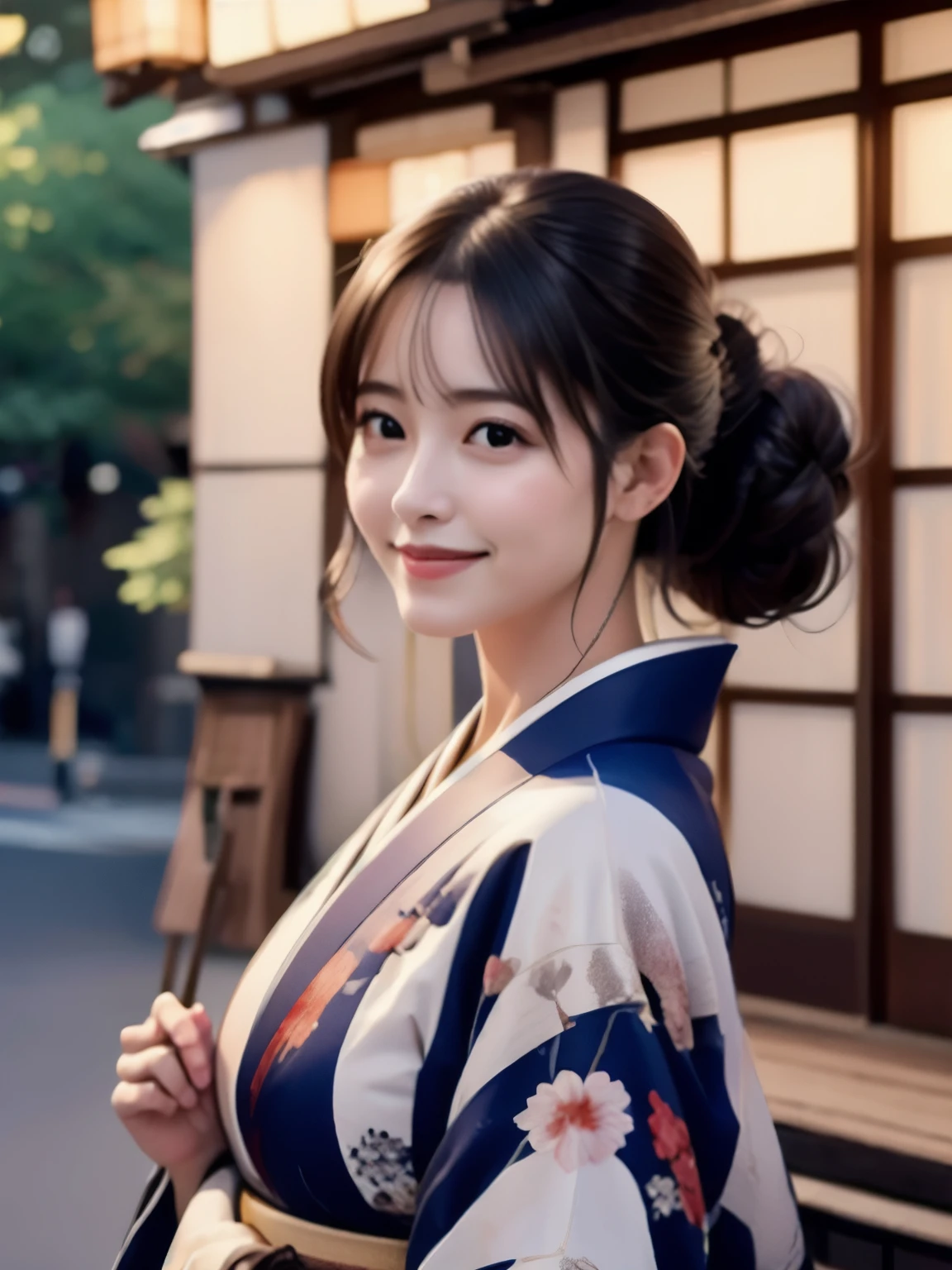 ((highest quality, 8k, masterpiece: 1.3)), sharp: 1.2, Perfect body beauty: 1.4, , 1girl, japanese_clothes, kimono, solo, original, smile, blurry, upper_body, brown_eyes, blurry_background, looking_at_viewer, depth_of_field, brown_hair, earrings, floral_print, sash, obi, hair_bun, hand_up, lips, jewelry, short_hair, breasts, 3d, yukata, realistic, bangs, outdoors, black_hair, photoshop_(medium), from_side, closed_mouth, indoors, parted_bangs, blue_kimono, print_kimono, medium_breasts, long_sleeves, black_eyes, bokeh, looking_to_the_side, updo, hair_up, large_breasts, nose, paper_lantern, hair_behind_ear, photo_(medium), lantern, light_smile