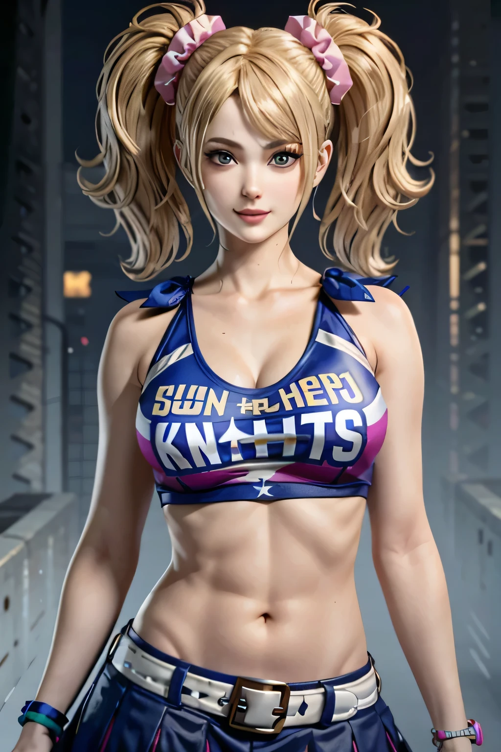 (masterpiece, best quality) JulietStarling, 1girl, solo, short blue hair, looking at viewer, smile, skirt, large breasts, navel, cleavage, twintails, medium breasts, midriff, belt, lips, crop top, scrunchie, wristband, clothes writing, realistic, cheerleader, navel piercing