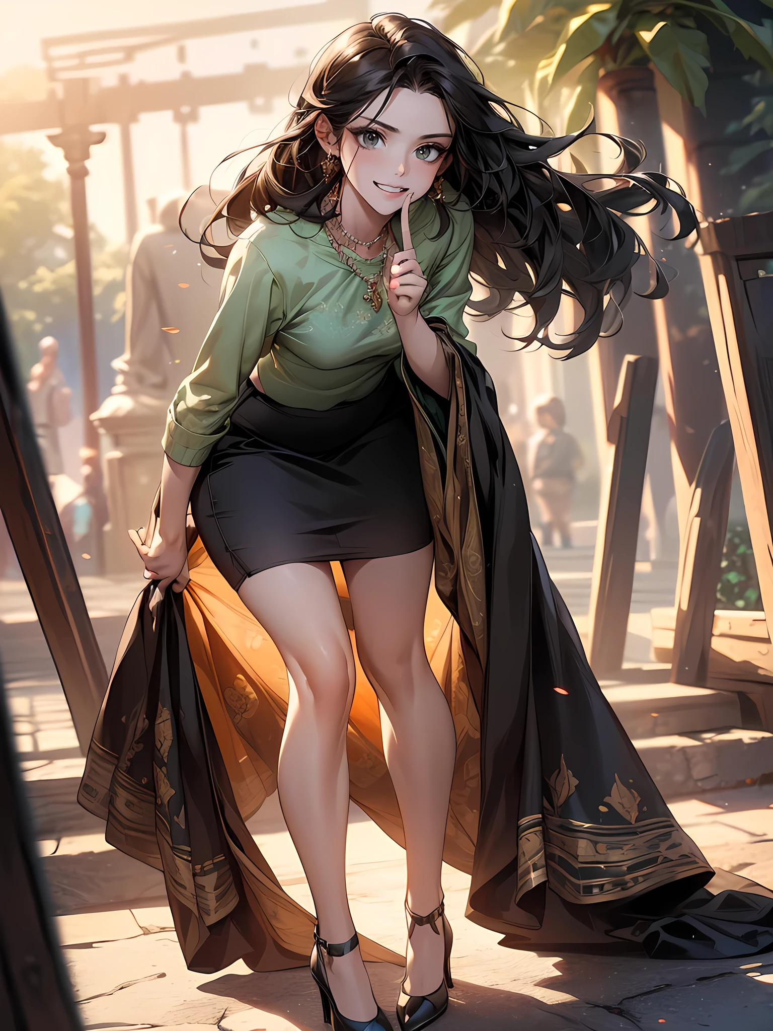 ((Biologically correct limb count)),((Natural finger shape)),((Full Body Shot,Including face)),Standing position,4K,masterpiece,((Focus on the face)),((Symmetrical facial features)),Eye for detailed depiction,Beautiful woman,Excellent style,Beautiful feet,(Small Ass,Thin thighs),(Patterned black stockings,High heels),Detailed depiction of the face,Small earrings,necklace,Low angle photo,((light green shirt,skirt,panty shot)),Park scenery on a holiday morning,Strong sunlight,(((Lean your body backwards))),(Face the camera),profile,,(Grin)