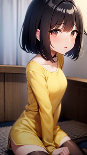 1girl, black hair, black eyes, bob medium hair, forehead, dark skinned, yellow dress, long sleeves, gray stockings, closed mouth, yellow background, anime waifu style