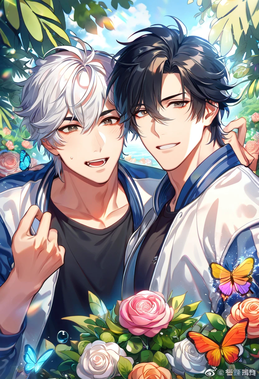 absurdres, highres, ultra detailed, HDR, master piece, best quality, extremely detailed face, delicated features, Lù Guāng, white hair, fluffy hair, short hair, expressive gray eyes, Shíguāng Dàilǐrén, Cheng Xiaoshi, black hair, expressive brown eyes, two sexy men together, yaoi, gay couple, handsome, white coat, black T-shirt, steel blue letterman jacket, fantasy, magical, butterflies, summer, green leaves, flowers, water