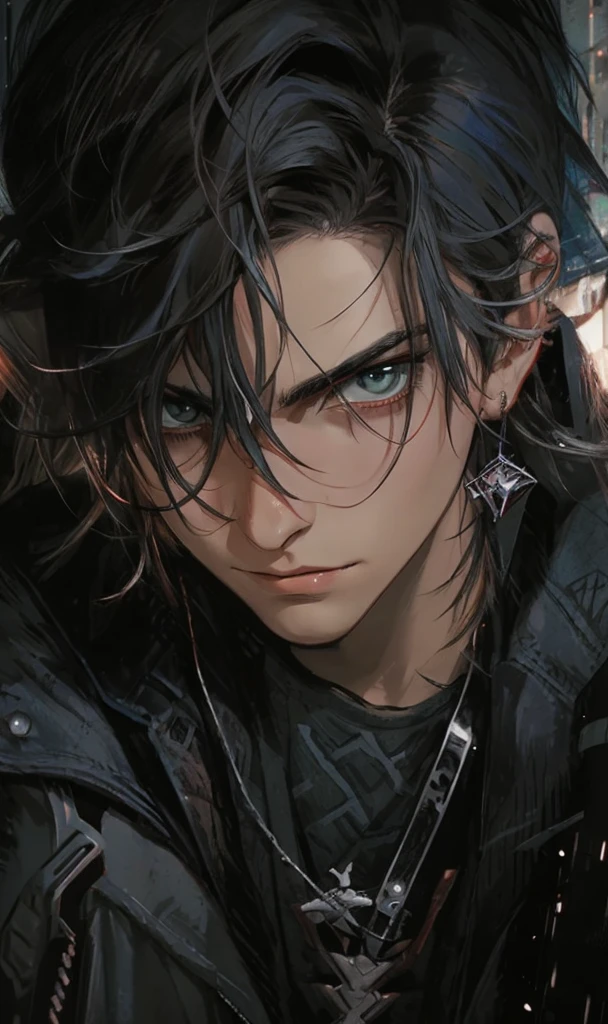 Young man wearing a rocker vest, by the wide, In his right hand he carries an ax that absorbs his blood in a cyberpunk night scene., green red blue cyberpunk background