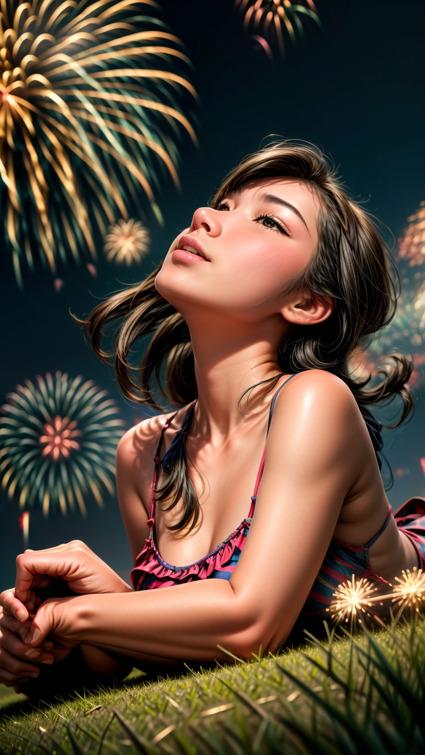 Low angle shot、A girl lying on the grass looking up at the fireworks