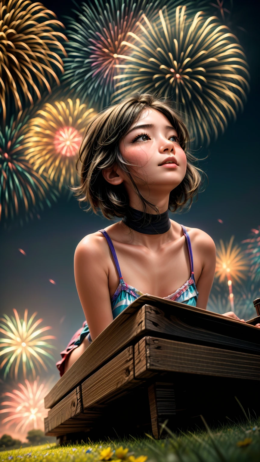 Low angle shot、A girl lying on the grass looking up at the fireworks