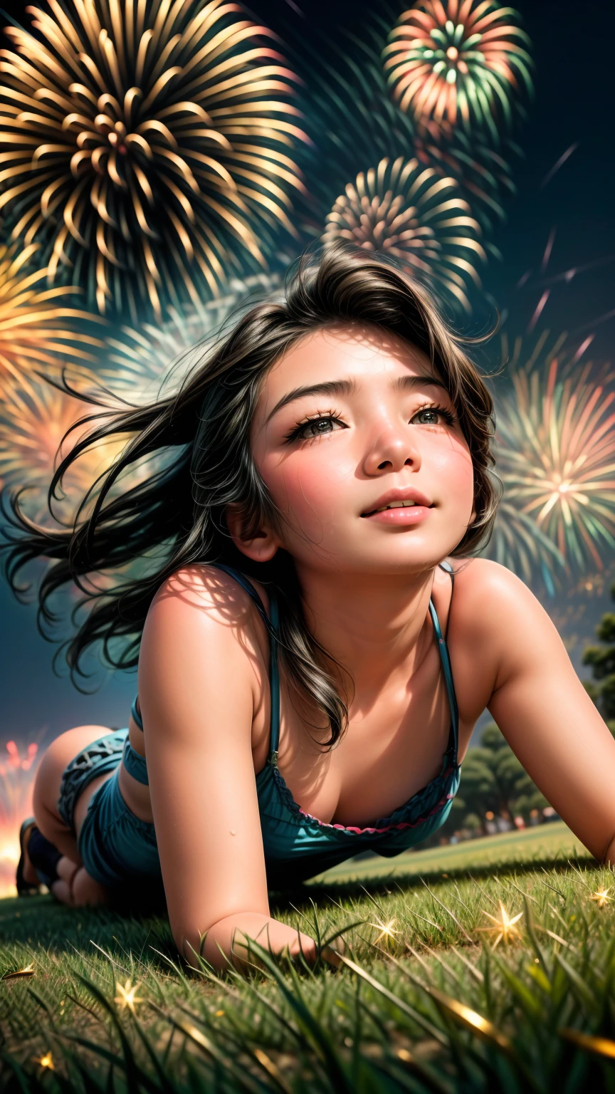 Low angle shot、A girl lying on the grass looking up at the fireworks