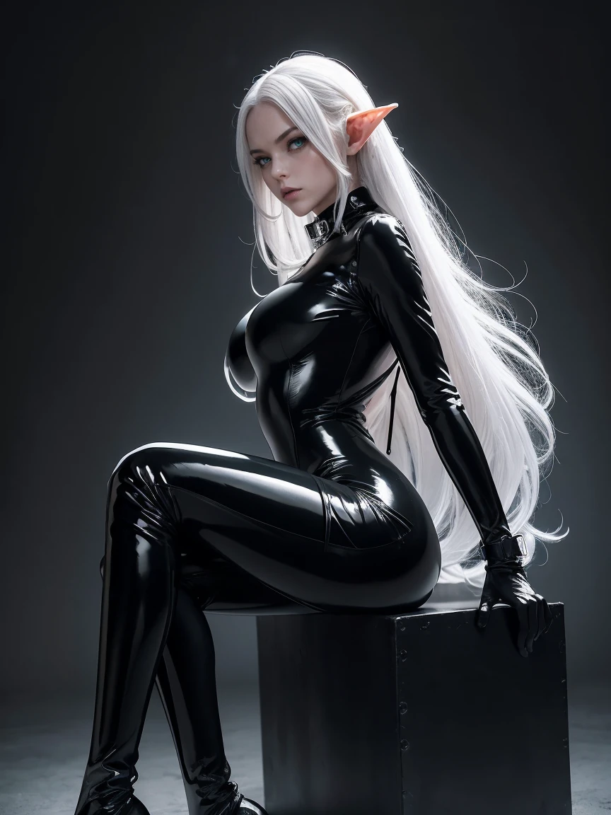 super fine photo, portrait Unreal Engine 5 8K UHD of malicious beautiful girl, sexy, elf, long White hair, Green eyes, crouching in a skin, tight black latex outfit, the whole body is covered with black latex, slick black catsuit, black iconic character, smooth black skin, black body, PVC, some black, latex suit, rubber suit, collar, rubber glove, rubber high boots, arm and leg cuffs, straps, best quality, masterpiece, official art, unified 8k wallpaper, super detailed, sharp focus, Full length, legs open, her back, erotically Sits backwards on a chair, body parts, no extra limbs, precisely anatomy