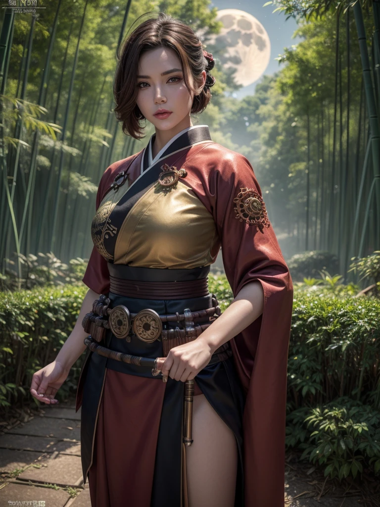 4K Fantasy style, digital drawing mode, Samurai-themed female character, brown hair with copper highlights, determined green eyes, wearing a kimono-inspired outfit with gears and cogs, holding a katana with a steam-powered mechanism, background of a Bamboo forest with Full moon, pale skin, short hair, red lips, focused eyes, full body, dynamic pose, life size, perfect anatomy, detailed metal and fabric texture, full HD, 4K, HDR, depth of field."