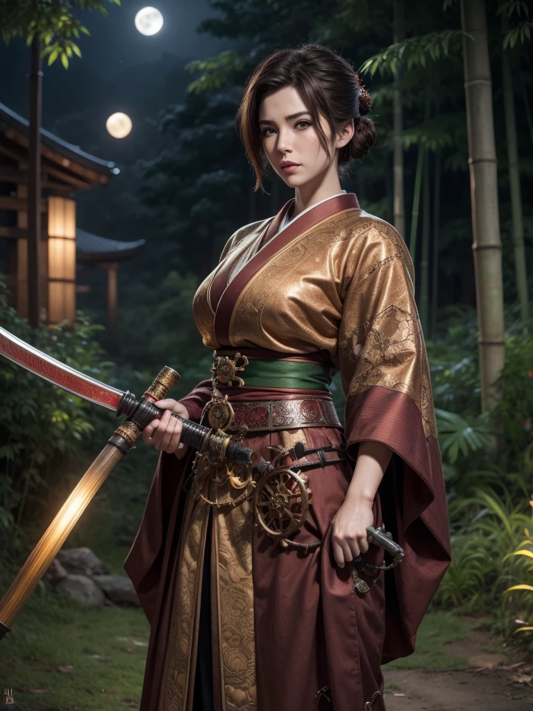 4K Fantasy style, digital drawing mode, Samurai-themed female character, brown hair with copper highlights, determined green eyes, wearing a kimono-inspired outfit with gears and cogs, holding a katana with a steam-powered mechanism, background of a Bamboo forest with Full moon, pale skin, short hair, red lips, focused eyes, full body, dynamic pose, life size, perfect anatomy, detailed metal and fabric texture, full HD, 4K, HDR, depth of field."