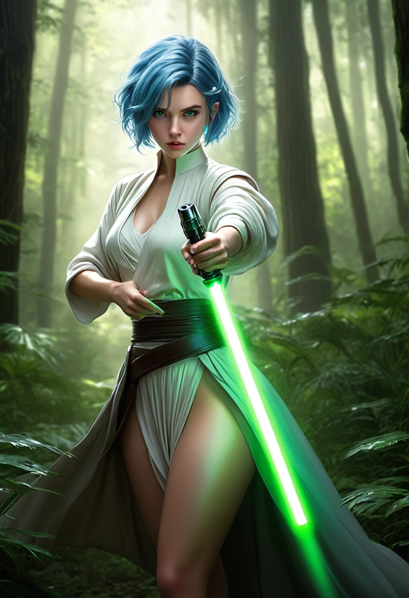 ultra wide angle, in focus, forest background, gorgeous lifelike, dynamic pose, a young lady, (highly detailed face and eyes:1.3), confident expression, holding green lightsaber in his hand, medium shot, hyper details, lighting art, cinematic, insane details, intricate details, hyperdetailed, jedi com roupas brancas, fractal, dark shot, big , full body, jedi (Star wars), white clothes, short hair, blue hair