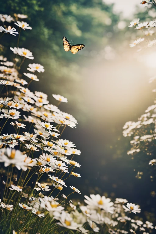 Masterpiece, best quality, cinematic photo with studio background, forest landscape, nature, realistic, forest, grass, outdoors, realistic rendering style, flying butterflies, small white daisies, depth of field, photo, film, high resolution