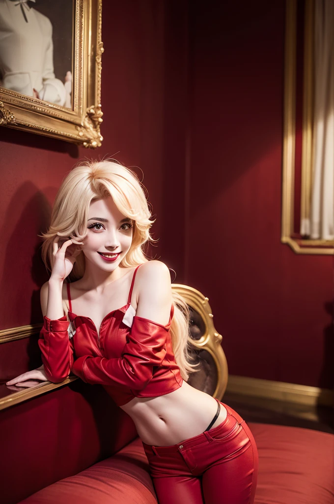 Charlie Morningstar, by the wide, Red suit, Red pants, 1 girl, yellow sclera, by rubio, White skin, perfect anatomy, smiling