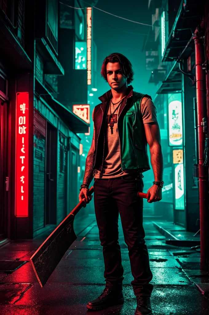Young man wearing a rocker vest, by the wide, In his right hand he carries an ax that absorbs his blood in a cyberpunk night scene., green red blue cyberpunk background