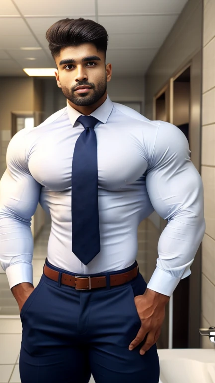 2 person in one photo standing together, 18 years old indian school boy with small beard mascular dark skin jaat with spiky hairstyle in , head to thighs, indian school boy, beautiful eyes, large lips, volumeric light, wearing opened white shirt with Tommy Hilfiger huge bulge underwear with navy tie , huge bulge, muscular chest, long legs, Wide shoulders, nice detailed hands, standing with spread legs in toilet background, sunny day, daylight, His perfect( big huge monster bulge) is (coming out) of his pant,masterpieces