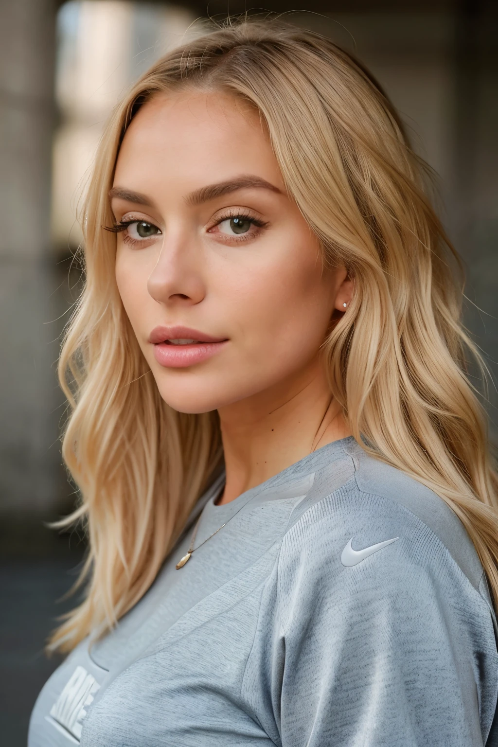 (Full body photo) (Close up image) Blonde influencer with long natural wavy hair, Influencer, who follows the latest trends in German high society 8k, extremely detailed, wearing Nike clothes, photorealistic, Intricate detail, realistic skin texture, realistic hair, Textur, Cheerful, 8K UHD, Best quality, high resolution, Attention to detail, large