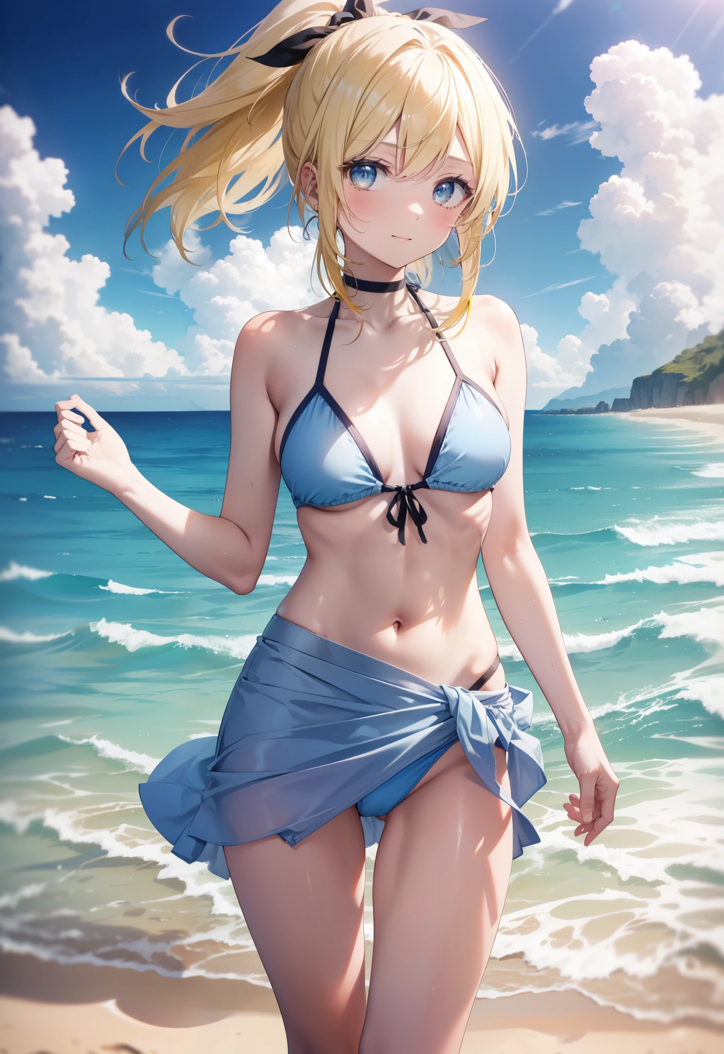 Eliase, catalyst, Yellow Hair, blue eyes, ponytail, Hair Ribbon, Open your mouth,clavicle,smile,Light blue bikini swimsuit,barefoot,pararel, A thin long skirt tied around the waist,belly button,abdomen, whole bodyがイラストに入るように,Stroll along the sandy beach,
break outdoors, Beach,
break looking at viewer, whole body, (Cowboy Shot:1. 5)
break (masterpiece:1.2), Highest quality, High resolution, unity 8k wallpaper,, (shape:0.8), (Beautiful attention to detail:1.6), Highly detailed face, Perfect lighting, Extremely detailed CG, (Perfect hands, Perfect Anatomy),