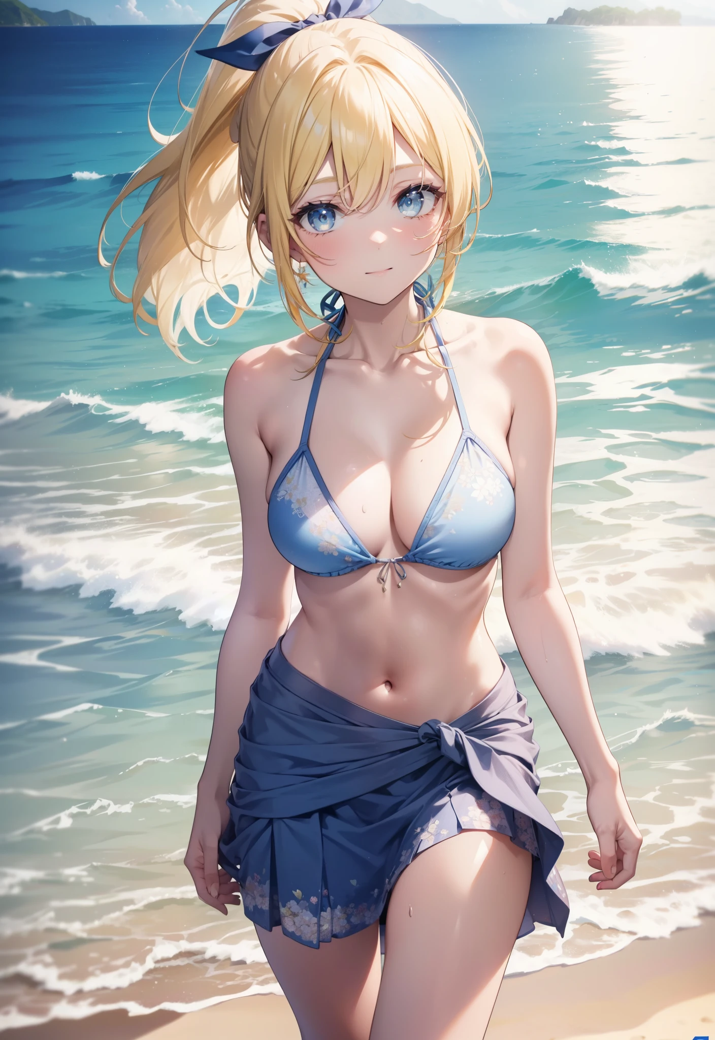 Eliase, catalyst, Yellow Hair, blue eyes, ponytail, Hair Ribbon, Open your mouth,clavicle,smile,Light blue bikini swimsuit,barefoot,pararel, A thin long skirt tied around the waist,belly button,abdomen, whole bodyがイラストに入るように,Stroll along the sandy beach,
break outdoors, Beach,
break looking at viewer, whole body, (Cowboy Shot:1. 5)
break (masterpiece:1.2), Highest quality, High resolution, unity 8k wallpaper,, (shape:0.8), (Beautiful attention to detail:1.6), Highly detailed face, Perfect lighting, Extremely detailed CG, (Perfect hands, Perfect Anatomy),
