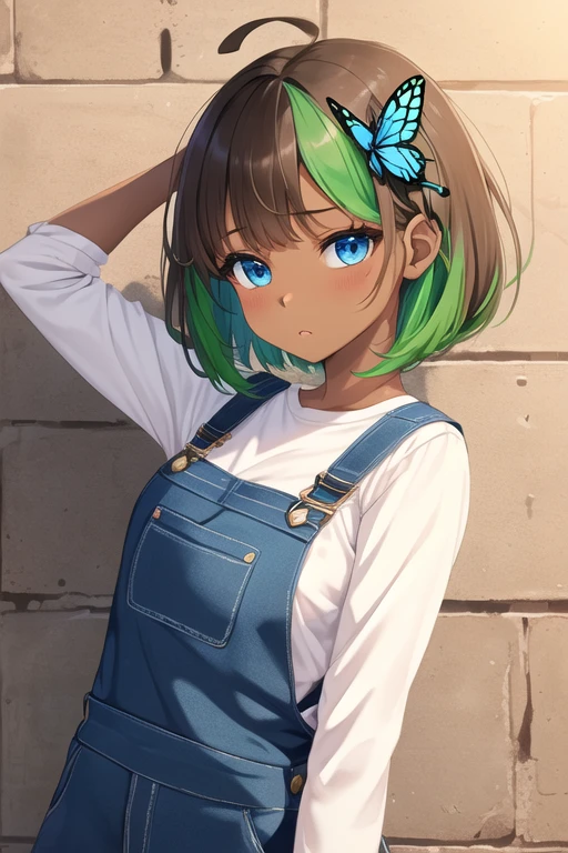 (4K)、((1 woman))、s old、Big Ahoge、((Bright green hair))、Short Bob、(((Dark brown skin)))、(((Light blue eyes)))、Wear blue overalls、(Butterfly Hair Ornament)、My hair flutters in the wind、Frustrated expression、(Background is brown wall)