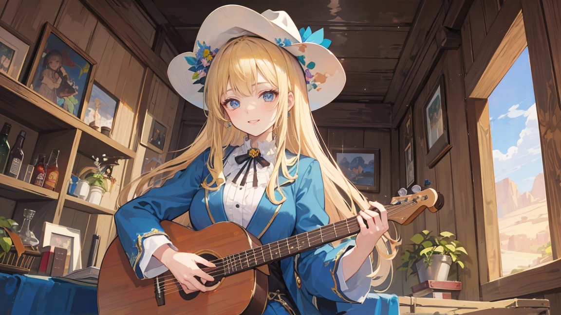 An anime-style illustration of a young woman playing a banjo in a Western setting. She has long, flowing blonde hair adorned with blue flowers and wears intricate, Western-inspired clothing with a blend of fantasy elements. Her attire includes a cowboy hat, fringed jacket, and boots, all in rich blue and gold accents. The woman has a joyful and cheerful expression, smiling brightly as she enjoys playing her banjo. The background features a Western landscape with desert scenery, cacti, and an old saloon. The overall atmosphere is a magical blend of Western and fantasy elements, all in a detailed and vibrant anime art style.