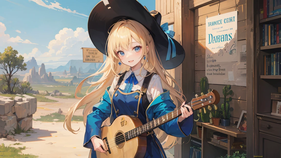 An anime-style illustration of a young woman playing a banjo in a Western setting. She has long, flowing blonde hair adorned with blue flowers and wears intricate, Western-inspired clothing with a blend of fantasy elements. Her attire includes a cowboy hat, fringed jacket, and boots, all in rich blue and gold accents. The woman has a joyful and cheerful expression, smiling brightly as she enjoys playing her banjo. The background features a Western landscape with desert scenery, cacti, and an old saloon. The overall atmosphere is a magical blend of Western and fantasy elements, all in a detailed and vibrant anime art style.