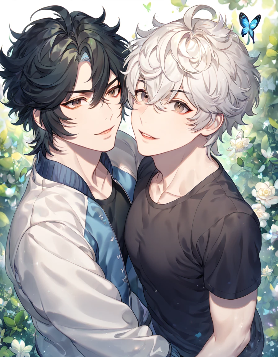 absurdres, highres, ultra detailed, HDR, master piece, best quality, extremely detailed face, delicated features, Lù Guāng, white hair, fluffy hair, short hair, expressive gray eyes, Shíguāng Dàilǐrén, Cheng Xiaoshi, black hair, expressive brown eyes, two sexy men together, yaoi, gay couple, handsome, white coat, black T-shirt, steel blue letterman jacket, fantasy, magical, butterflies, summer, green leaves, flowers, water