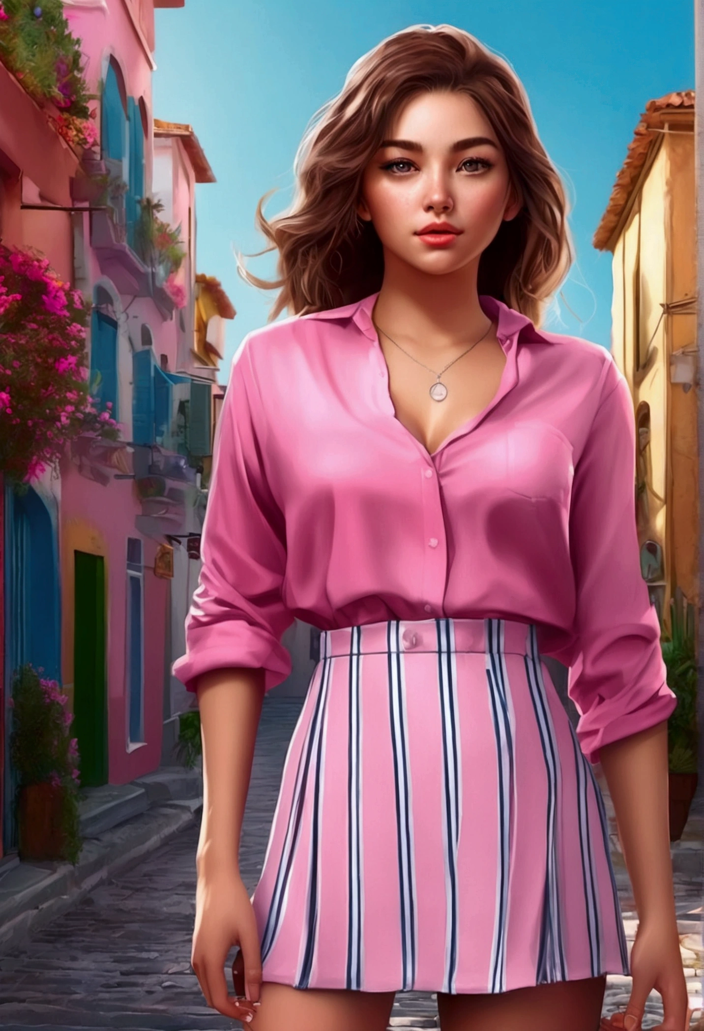 (Canon 50),(Rendered by octane),8k, seducer, symmetrical face, Dramatic cinematic lighting, Dramatic +2, hyper realist, spirited, Pose very sexy. 1 Slavic woman, very sexy, breasts small, legs thick, highlight on legs!!!, blinking with the left eye, white shirt with thick black horizontal stripes, pleated skirt predominantly pink with few shades of light blue, coastal view, half-open mouth and thick lips, sultry gaze. Ao fundo, A city. She's walking down the road alone