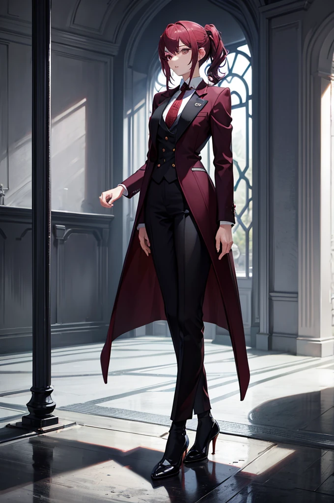 1woman, maroon hair, silver eyes, tall, suit, standing on ground, high res, ultra sharp, 8K, masterpiece